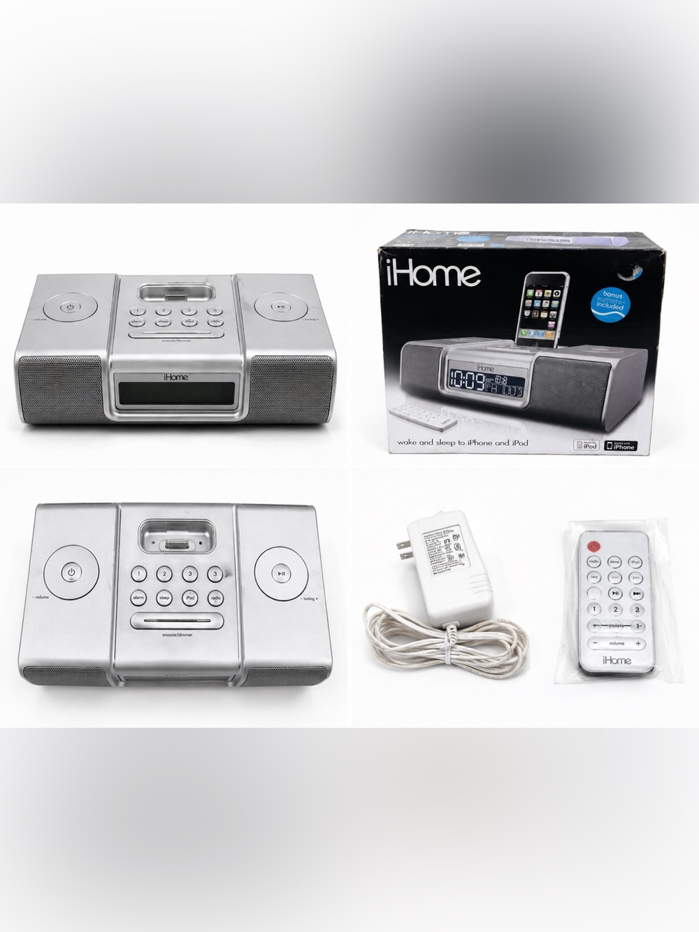 iHome Silver Alarm Clock Stereo Dock with AC Adapter